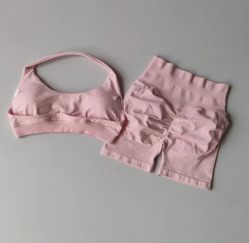 Halter Neck Sports Bra Shorts Set For Yoga Pilates
