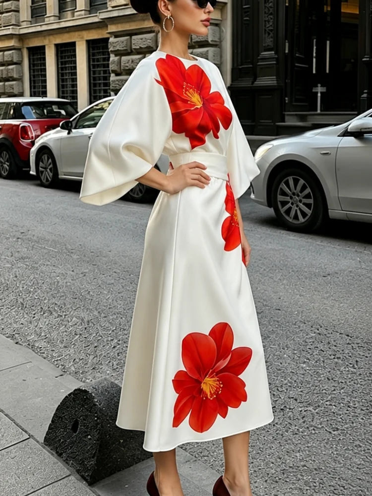 Satin Puff Sleeve Round Neck Tie-Dye Dress