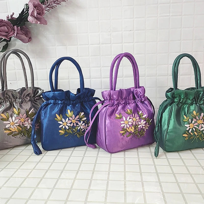 National Style Embroidered Flower Bucket Bag With Drawstring