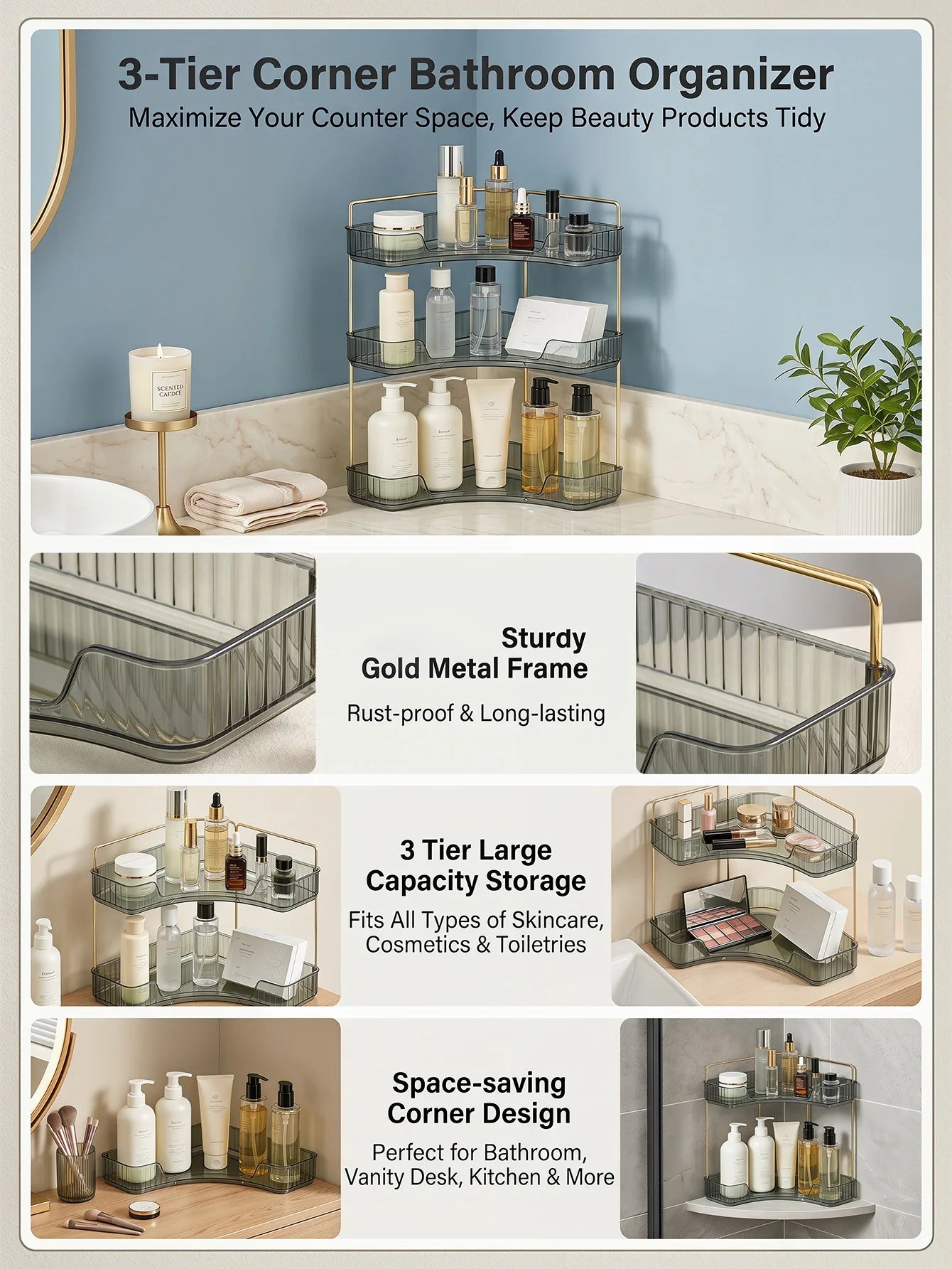 Corner Bathroom Countertop Organizer Three Bathroom Storage Rack | Countertop Storage with Hooks Perfume Organizer Cosmetics and Skincare Storage Rack - Gray-Green Tone