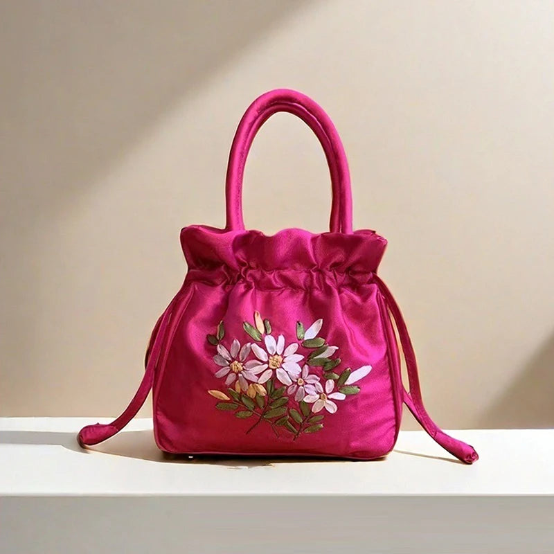 National Style Embroidered Flower Bucket Bag With Drawstring