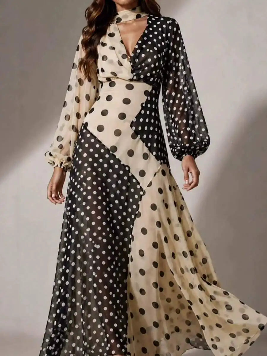 XTOCEAN Black & Beige Colorblock Polka Dot Maxi Dress - Choker Neck Cutout V-Neck Puff Sleeve Sheer Flowy Boho Elegant Evening Party Long Dress For Women