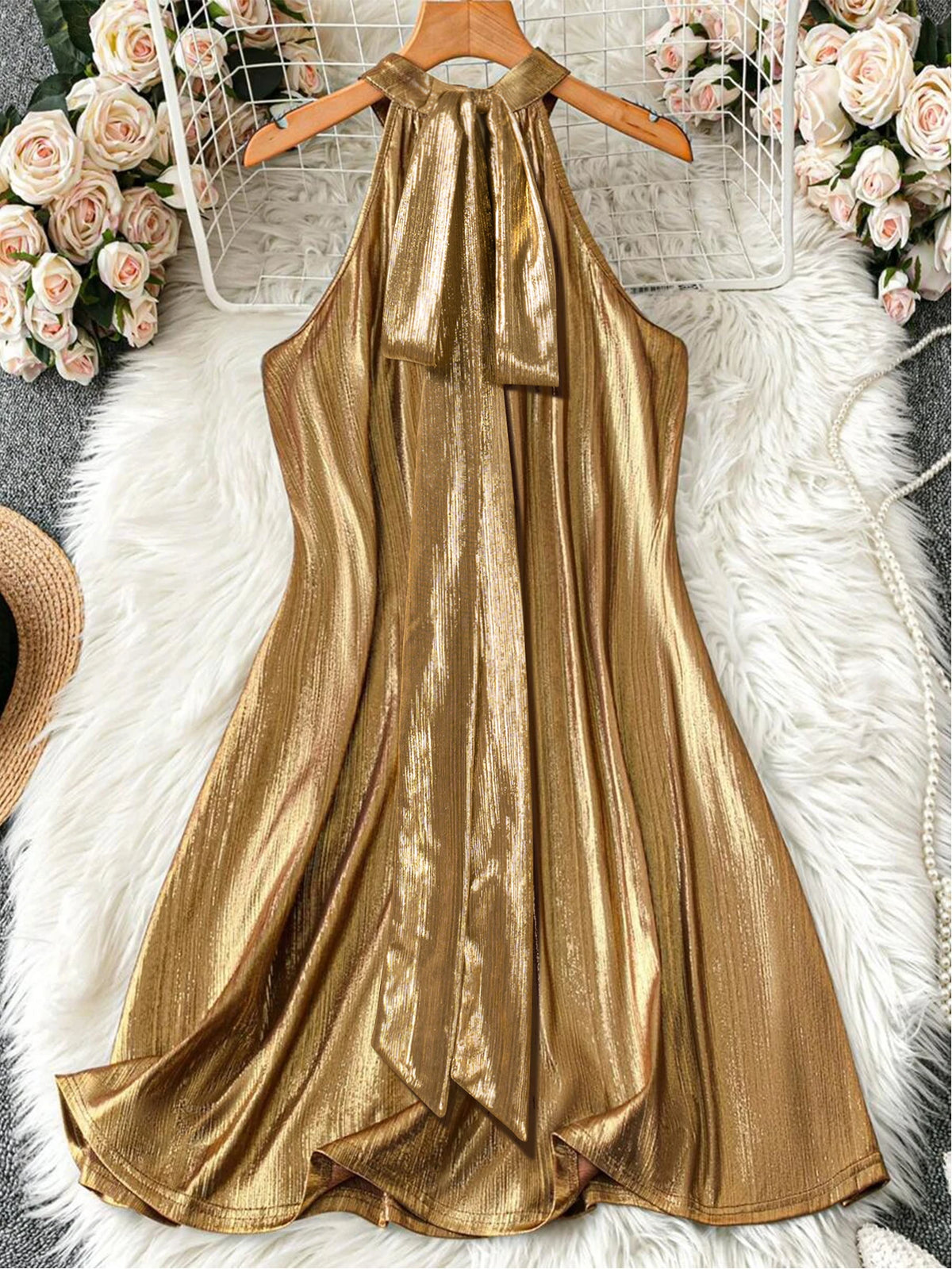 Women Sequined Sleeveless Cocktail Dress Elegant Polyester Party Evening Wear