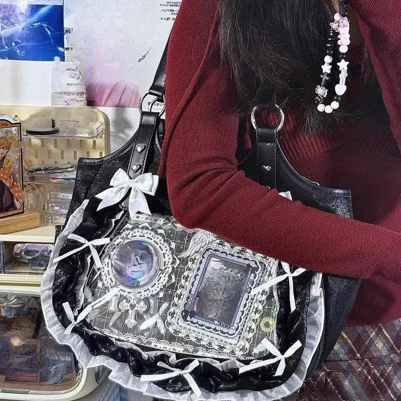 Luxury Design Ruffled Lolita Women Handbags Punk Gothic Bow Underarm Bag Transparent Sweet Lace Shoulder Ita Bags Y2k Aesthetic