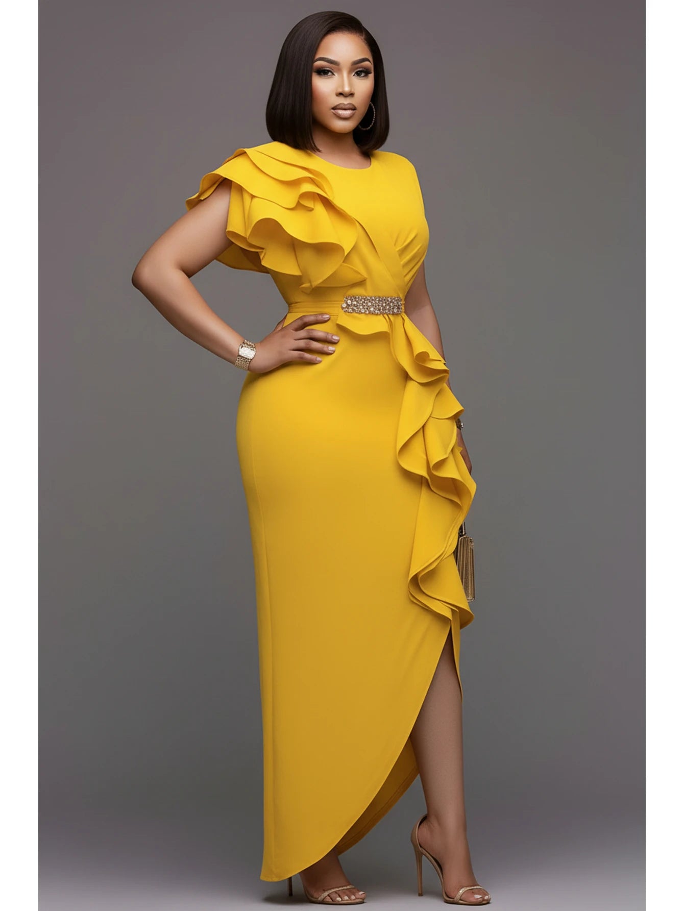 Women's Round Neck Ruffle Decor Split Maxi Bodycon Dress For Wedding Guest Banquet Evening Party Formal Fashion Occasions