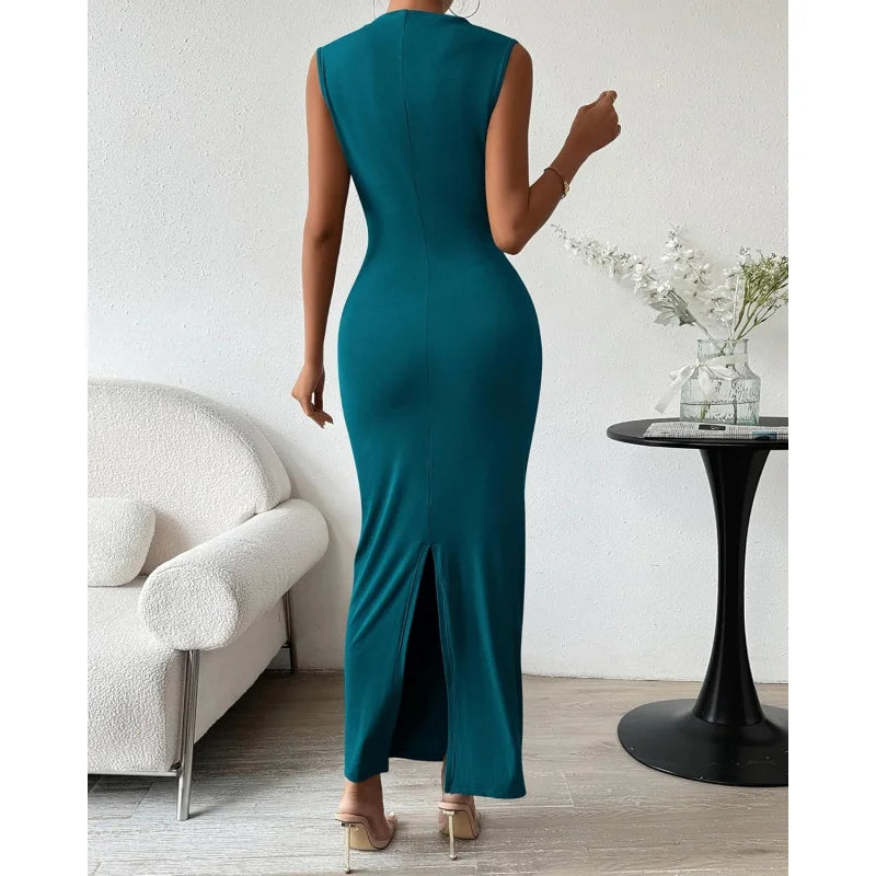 Women Ruched Bodycon Maxi Dress Sleeveless Elegant Party Cocktail Gown