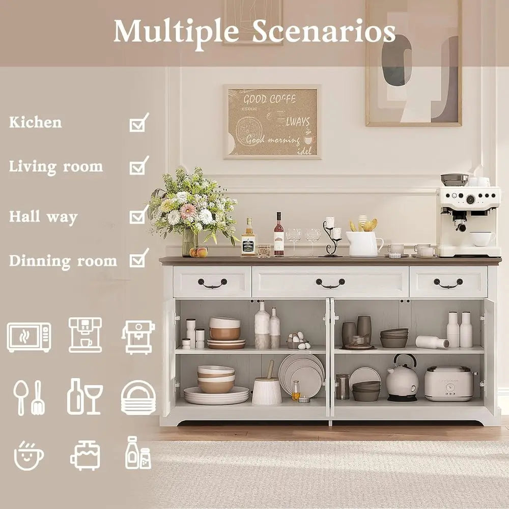 65" Large Buet Storage Cabinet, armhouse Kitchen Sideboard Buet with 3 Ders and 4 Do, Coee Bar Wine Bar Cabinet with Storage or