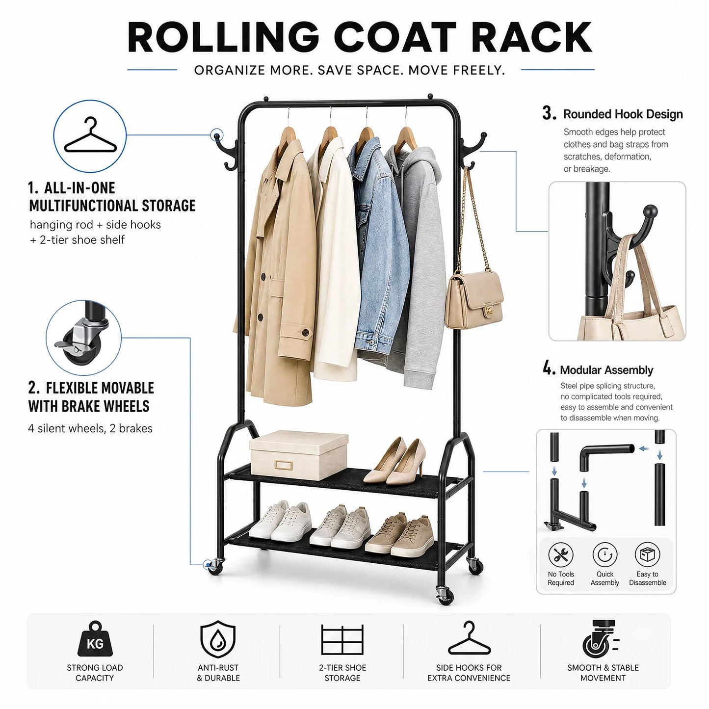 Clothes Rack with 2 Tier Shelves Iron Rolling Clothes Hanger with Universal Wheels Laundry Rack for Bedroom Laundry Living Room
