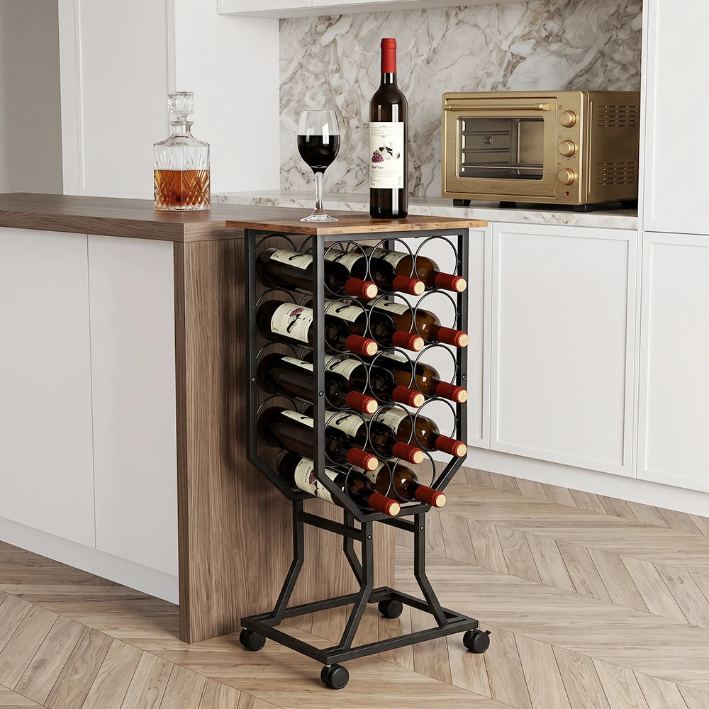 Industrial Freestanding Wine Rack with Wheels, Rustic Wood Top Metal Wine Storage Organizer, Mobile Floor Wine Holder for Bar , Kitchen Pantry & Restaurant Decor