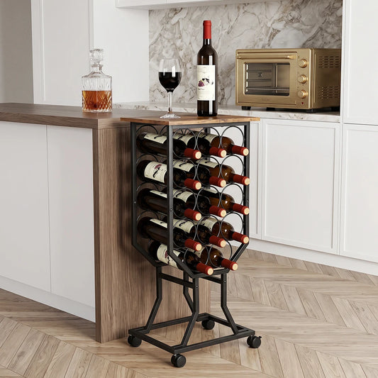 Industrial Freestanding Wine Rack with Wheels, Rustic Wood Top Metal Wine Storage Organizer, Mobile Floor Wine Holder for Bar , Kitchen Pantry & Restaurant Decor