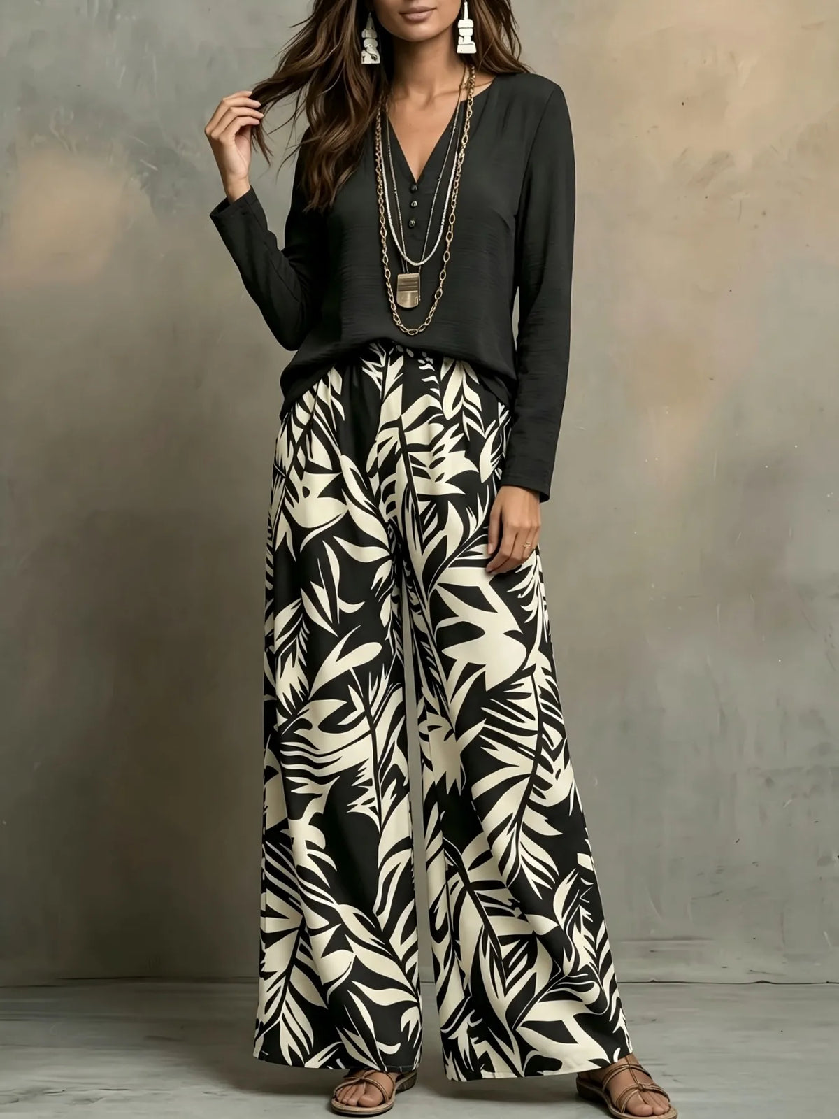 Womens Leaf Print V Neck Blouse Wide Leg Pants Set