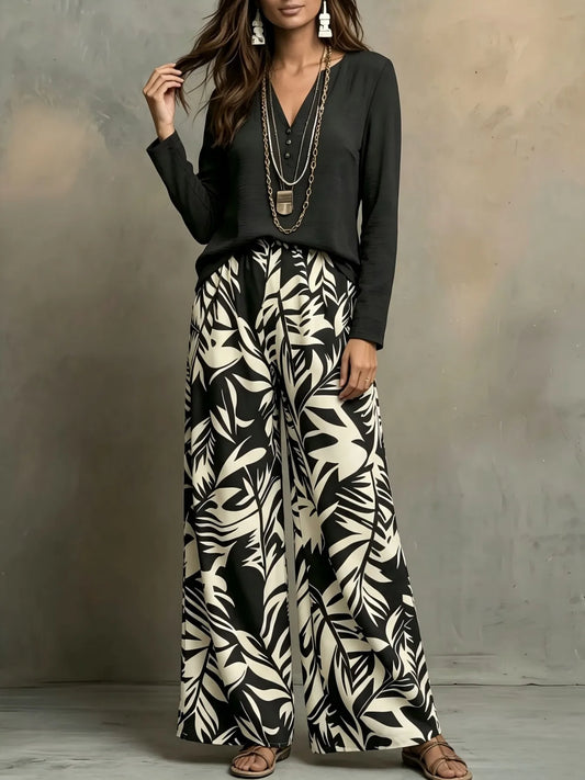 Womens Leaf Print V Neck Blouse Wide Leg Pants Set