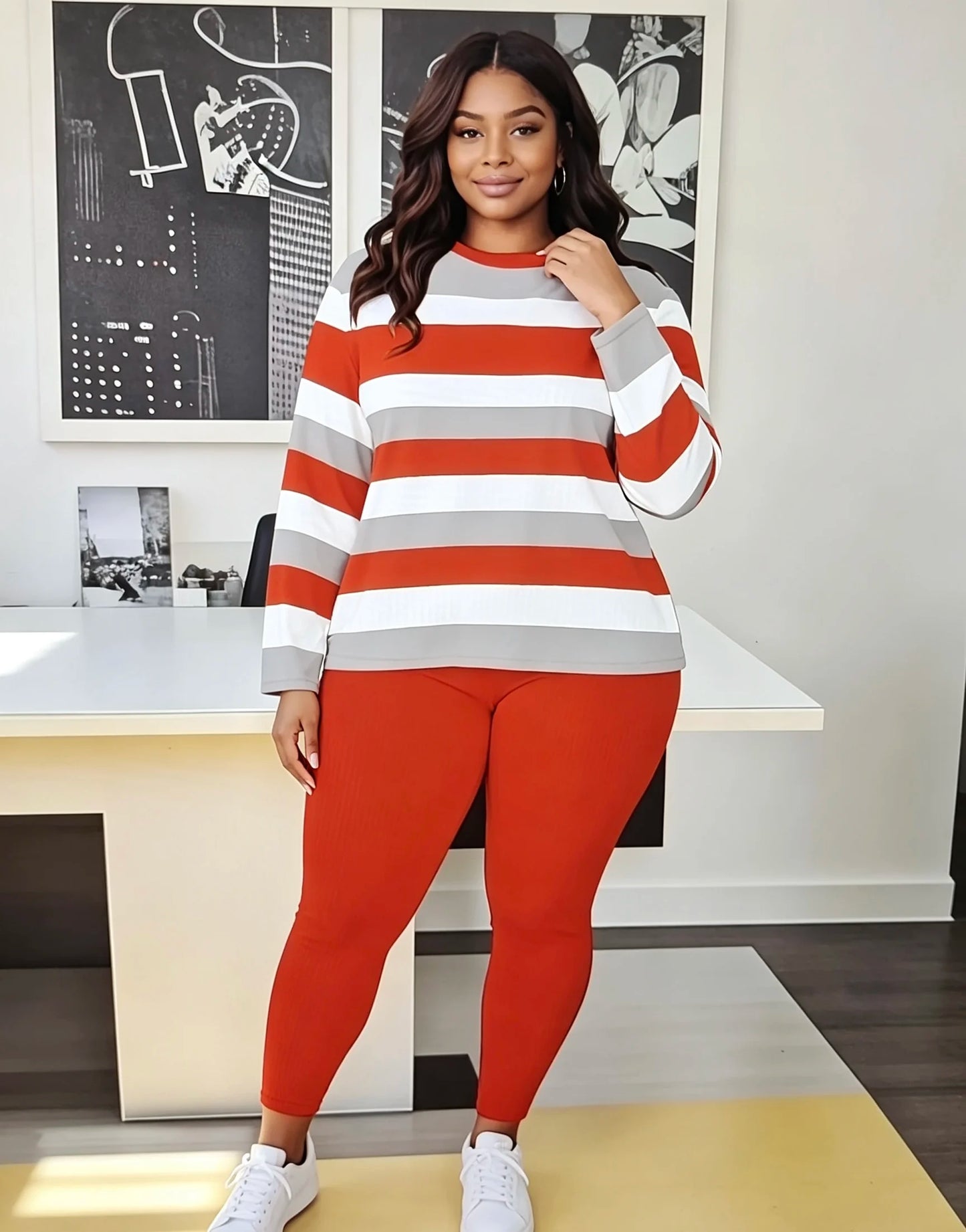 Loose Casual Ribbed Pants And Color Block Striped Top