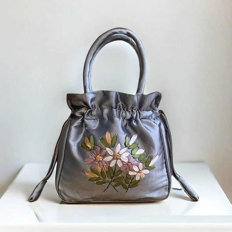 National Style Embroidered Flower Bucket Bag With Drawstring
