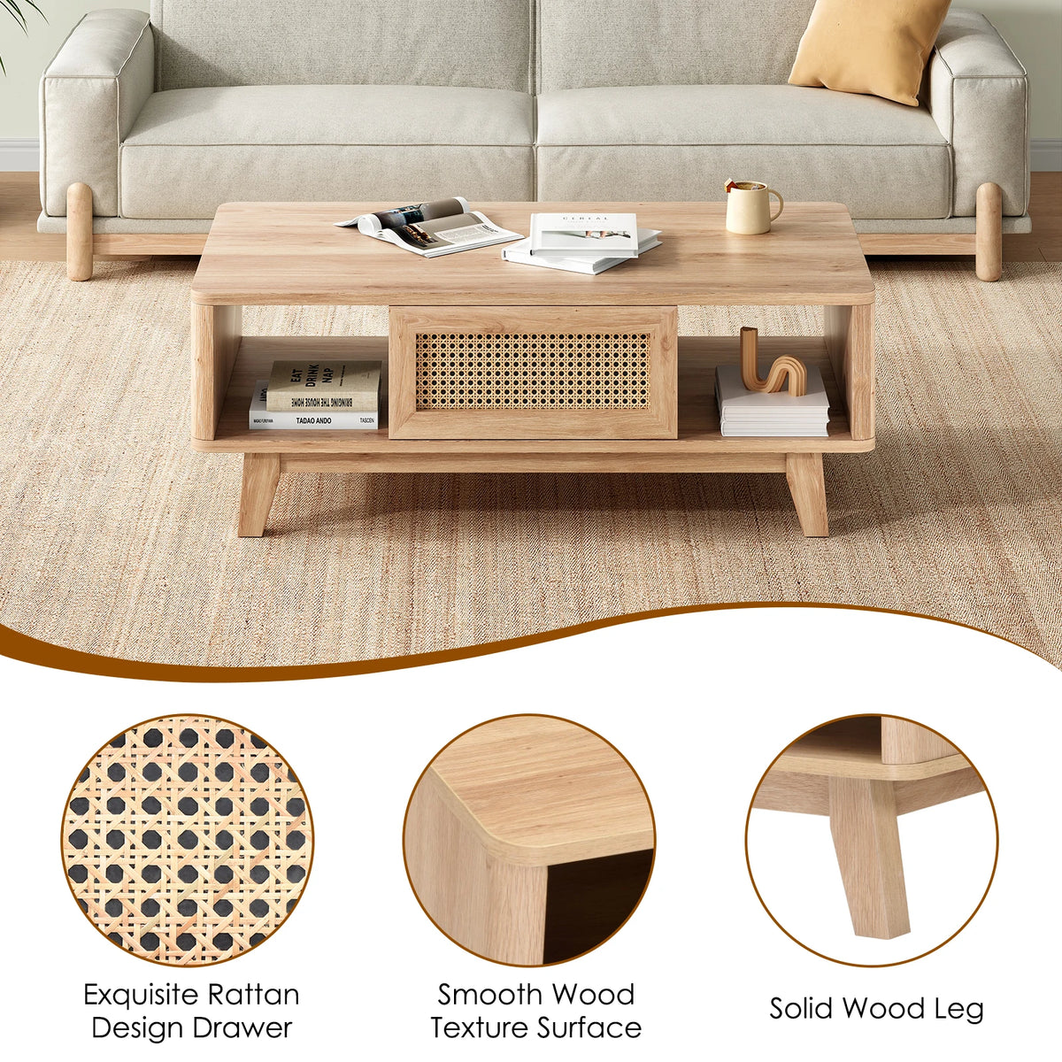 Farini Mid Century Modern Coffee Table with Rattan Drawer, Wood Storage Table for Living Room, Farmhouse Home Furniture