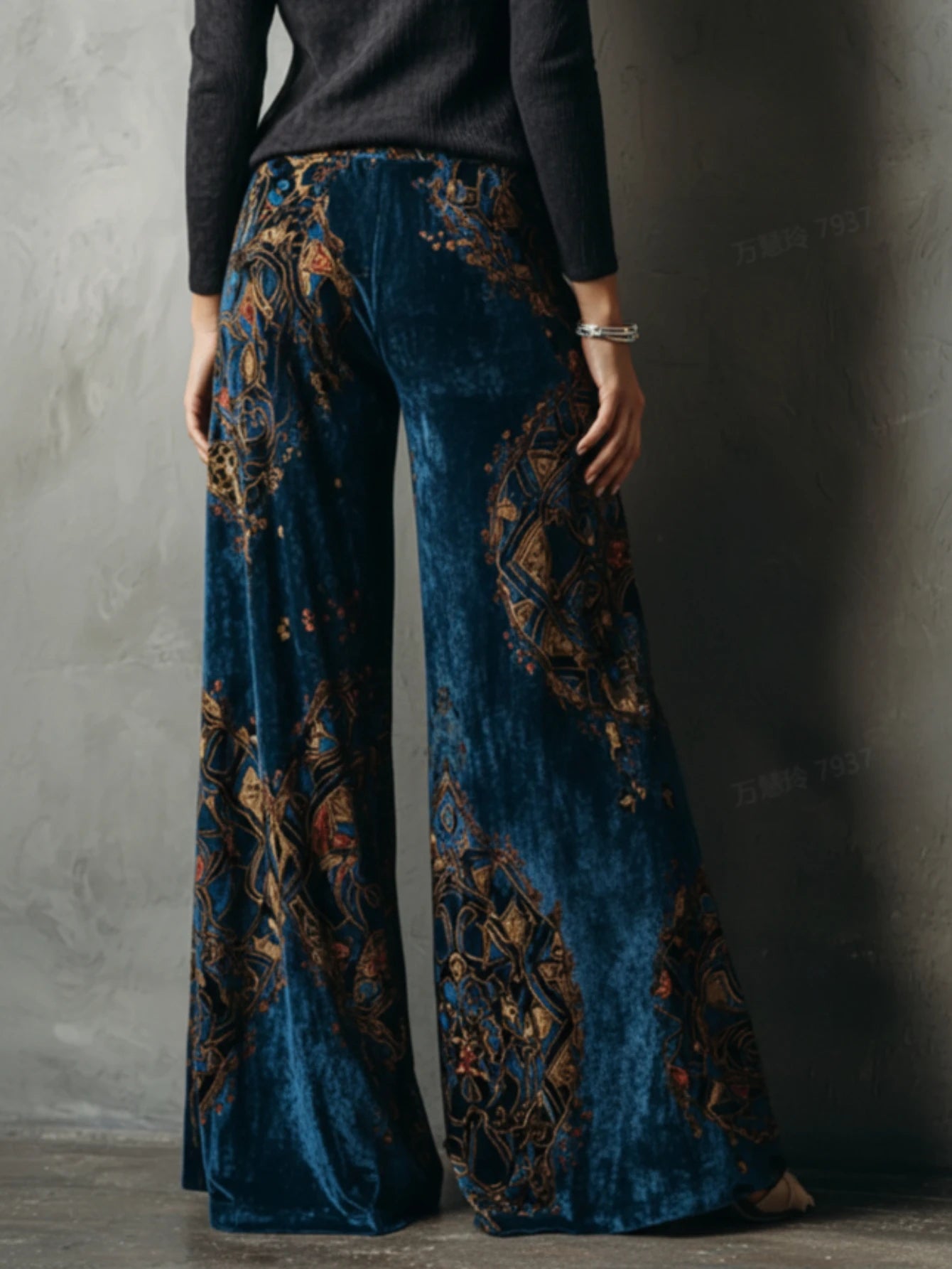 Vintage Geometric Print High Waist Wide Leg Pants For Women Retro Loose Flowy Floor Length Casual Trousers