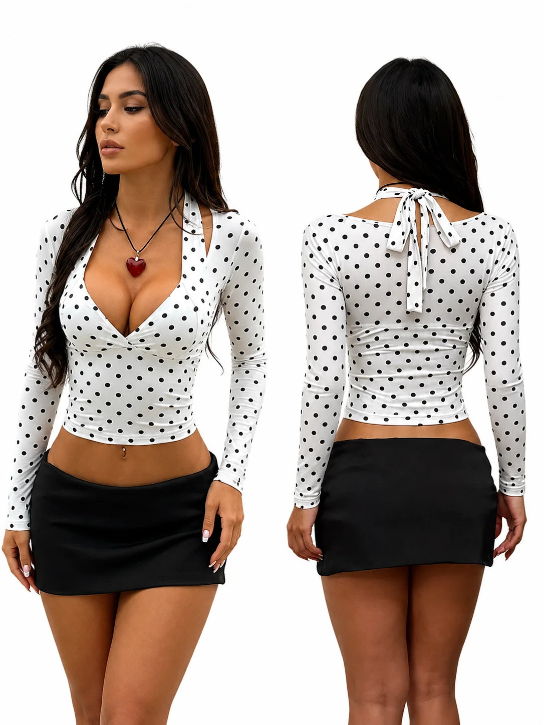 Women Deep V Neck Long Sleeve Polka Dot Slim Blouse