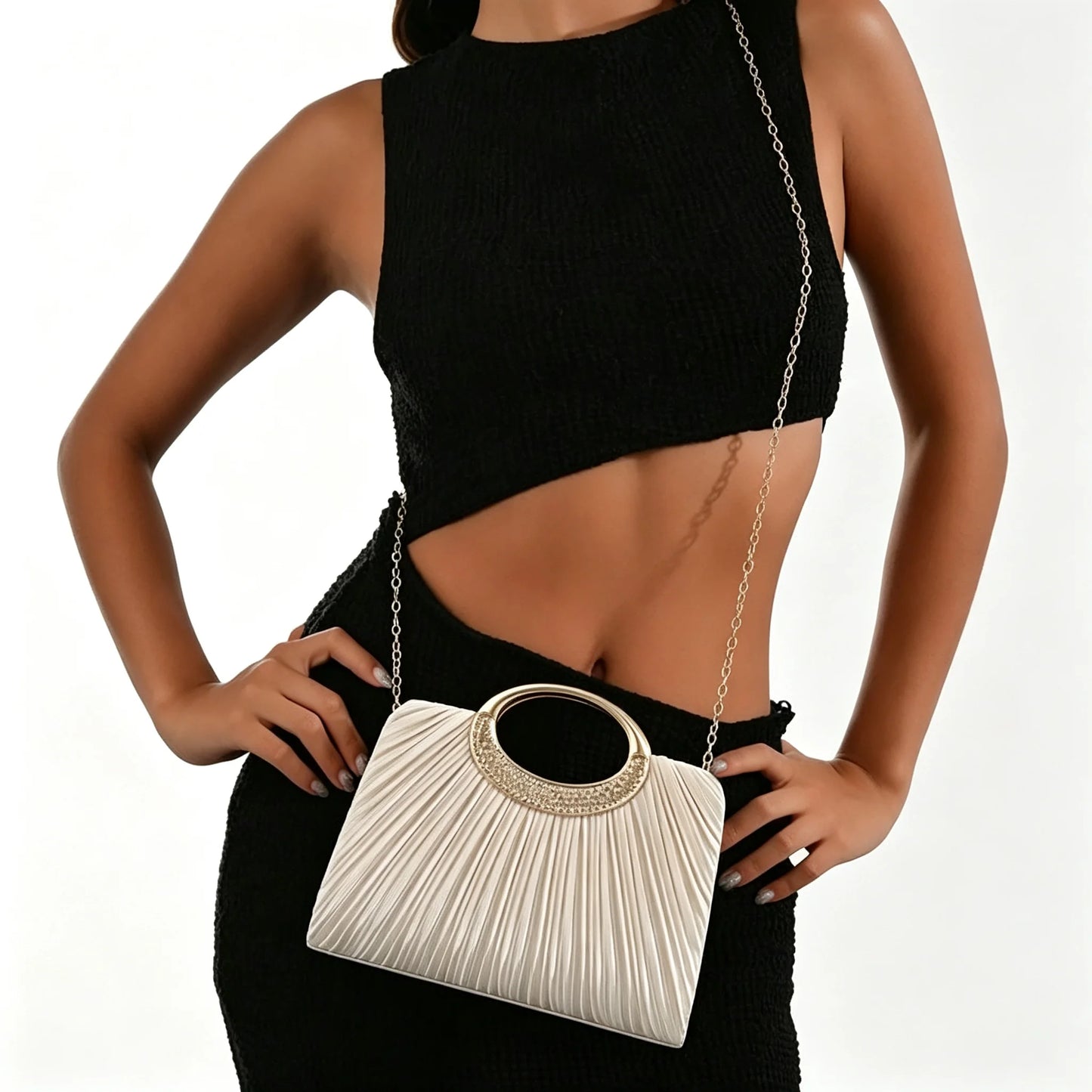 Pleated Rhinestone Metal Ring Handle Clutch With Crossbody Chain