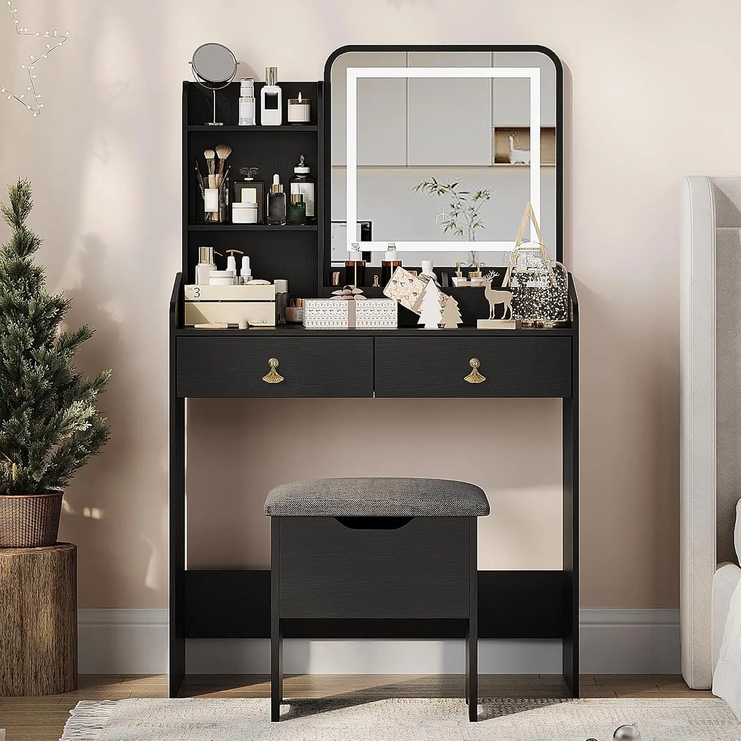 Vanity Desk With LED Lighted Mirror, Charging Station, 2 Drawers, Storage Stool, Mini Makeup Table Set For Bedroom Women & Girls