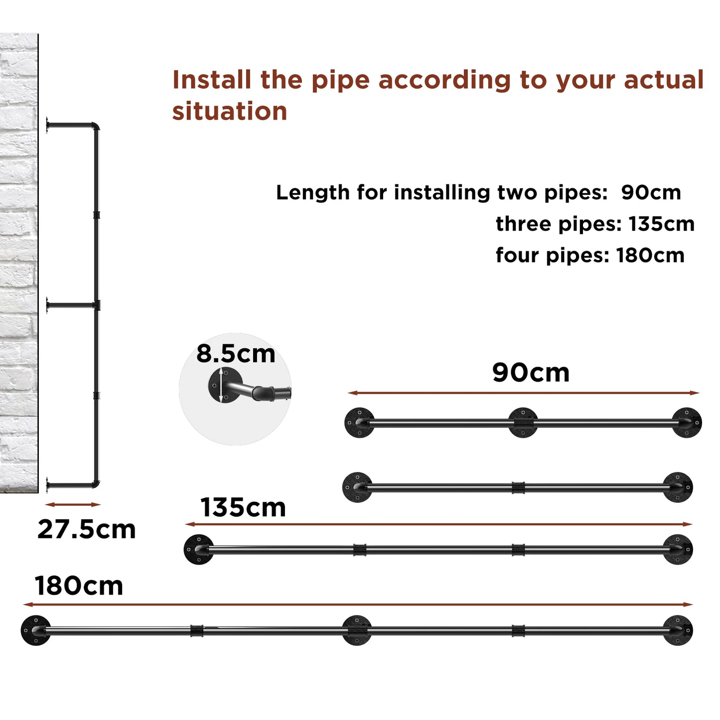 180cm Bedroom Garment Home Rail Multipurpose Wall Mounted Industrial Pipe Clothes Rack Space Saving Hanging Shelf with 3 Hooks