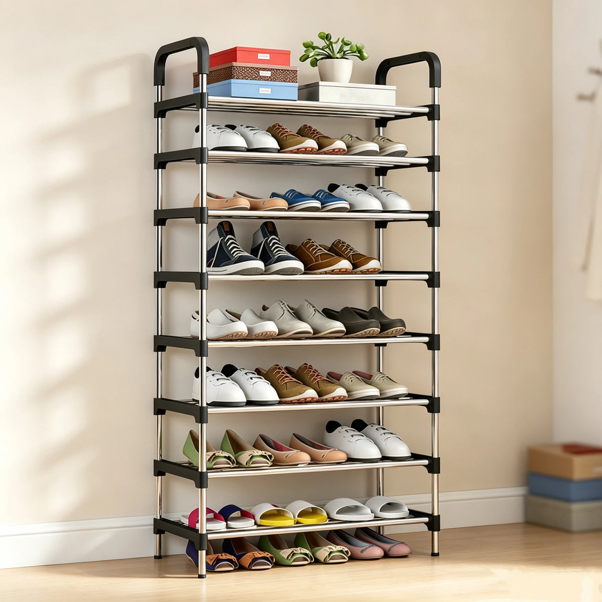 Adjustable Stainless Steel Shoe Rack, 7/8-Tier Large Capacity Shoe Organizer, Space Saving Multi-Layer Storage Rack for Entryway, Bedroom & Closet