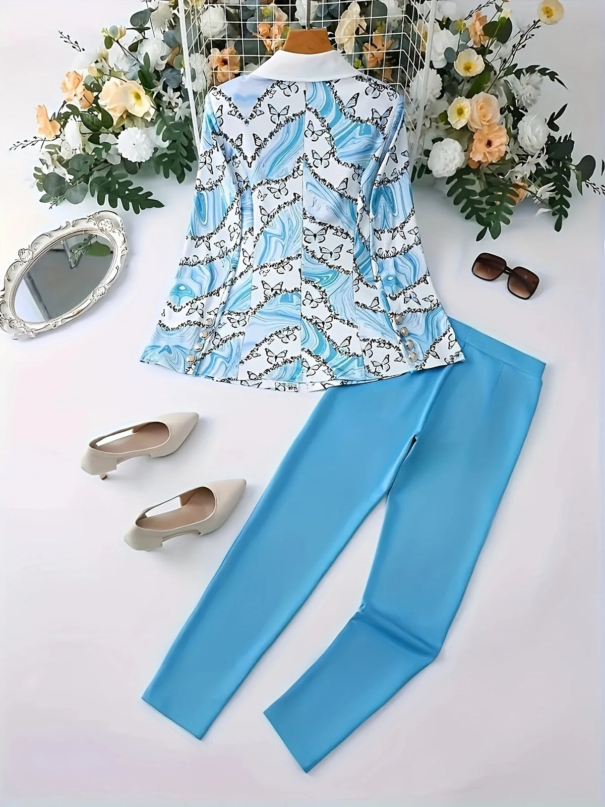 Women's Butterfly Print Lapel Suit Jacket and Slim Pants Set