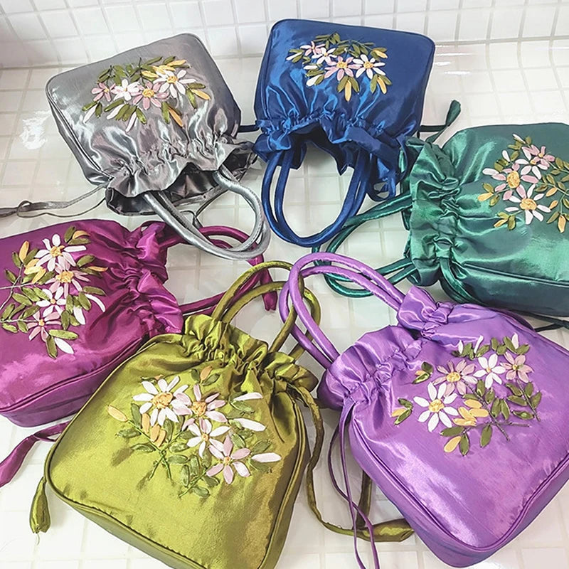 National Style Embroidered Flower Bucket Bag With Drawstring