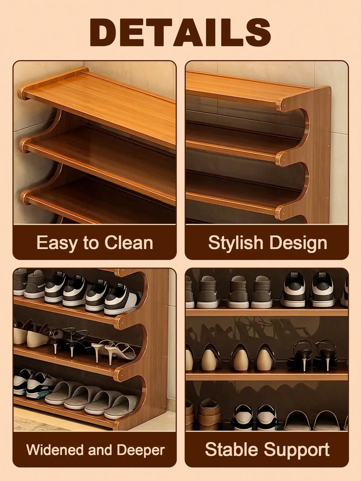 6-Tier Bamboo Shoe Rack for Closet, Freestanding Shoe Organizer Shelf with Elegant Arc Design, Space Saving Entryway Storage Rack, Natural Brown