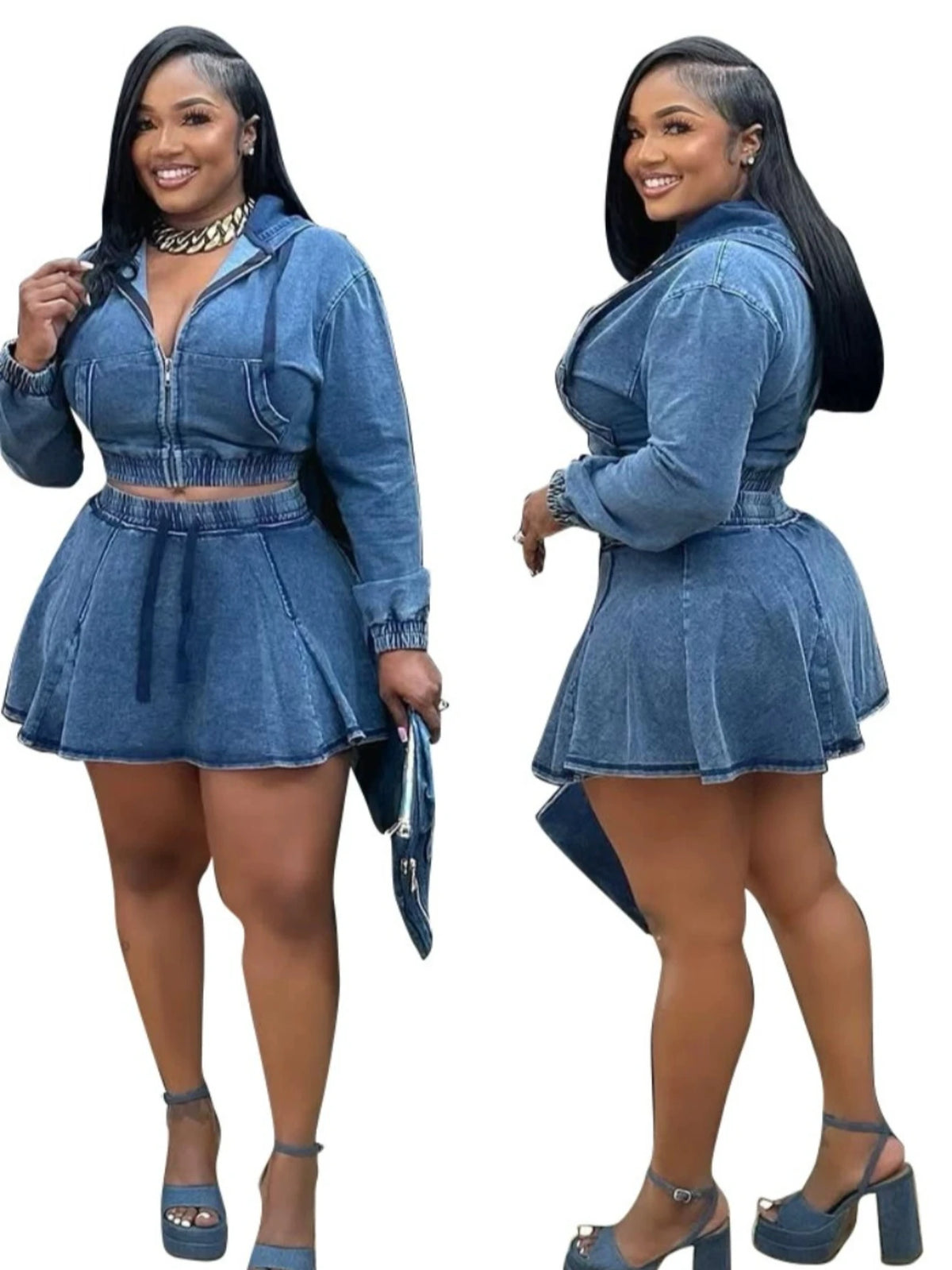 Women Long‑Sleeve Zip‑Up Hooded Cropped Top And High Waist Flared Mini Skirt Two‑Piece Outfit Casual Daily Street Matching Set