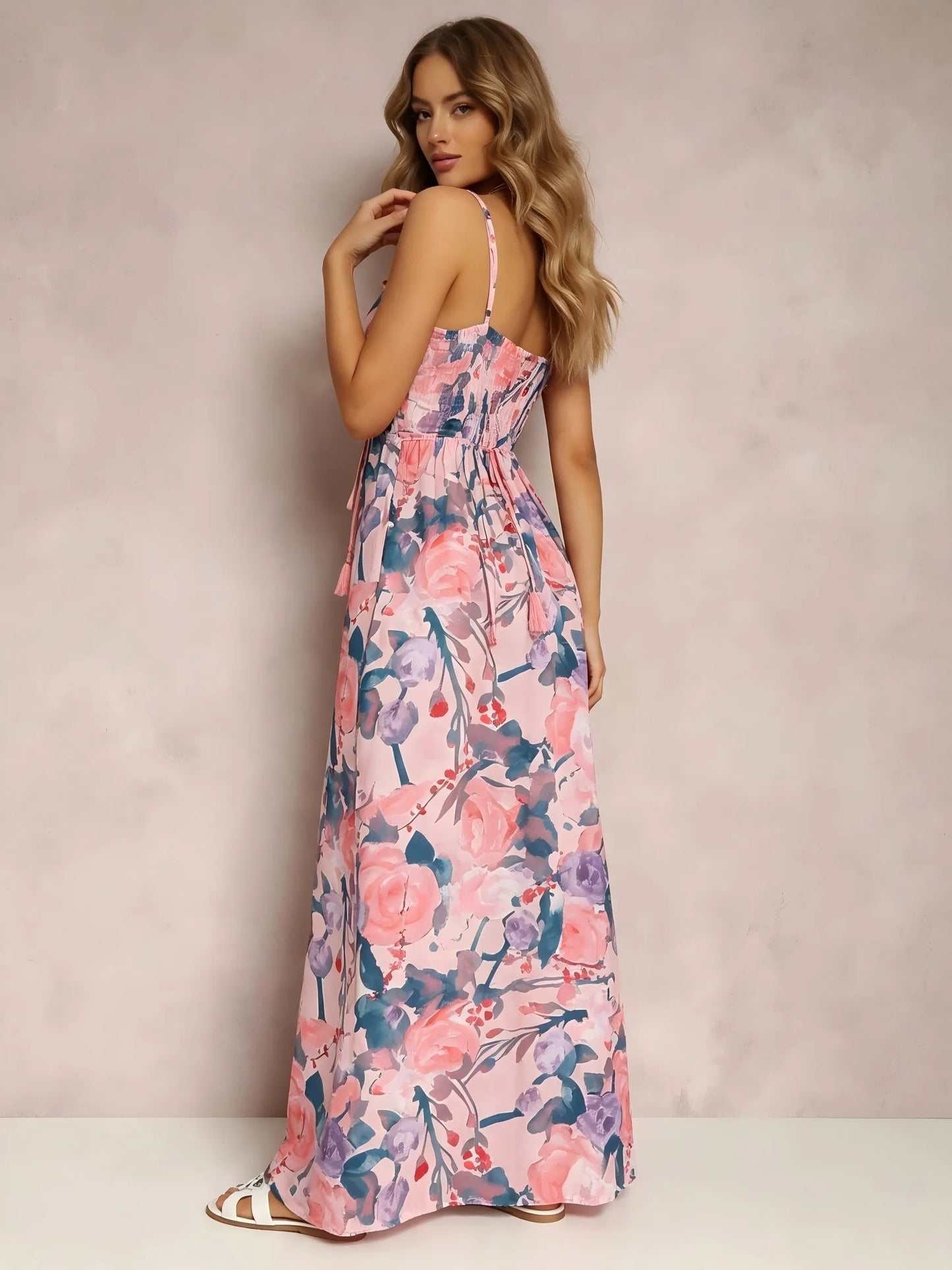 Women Watercolor Floral Maxi Dress V Neck With Tassel Tie