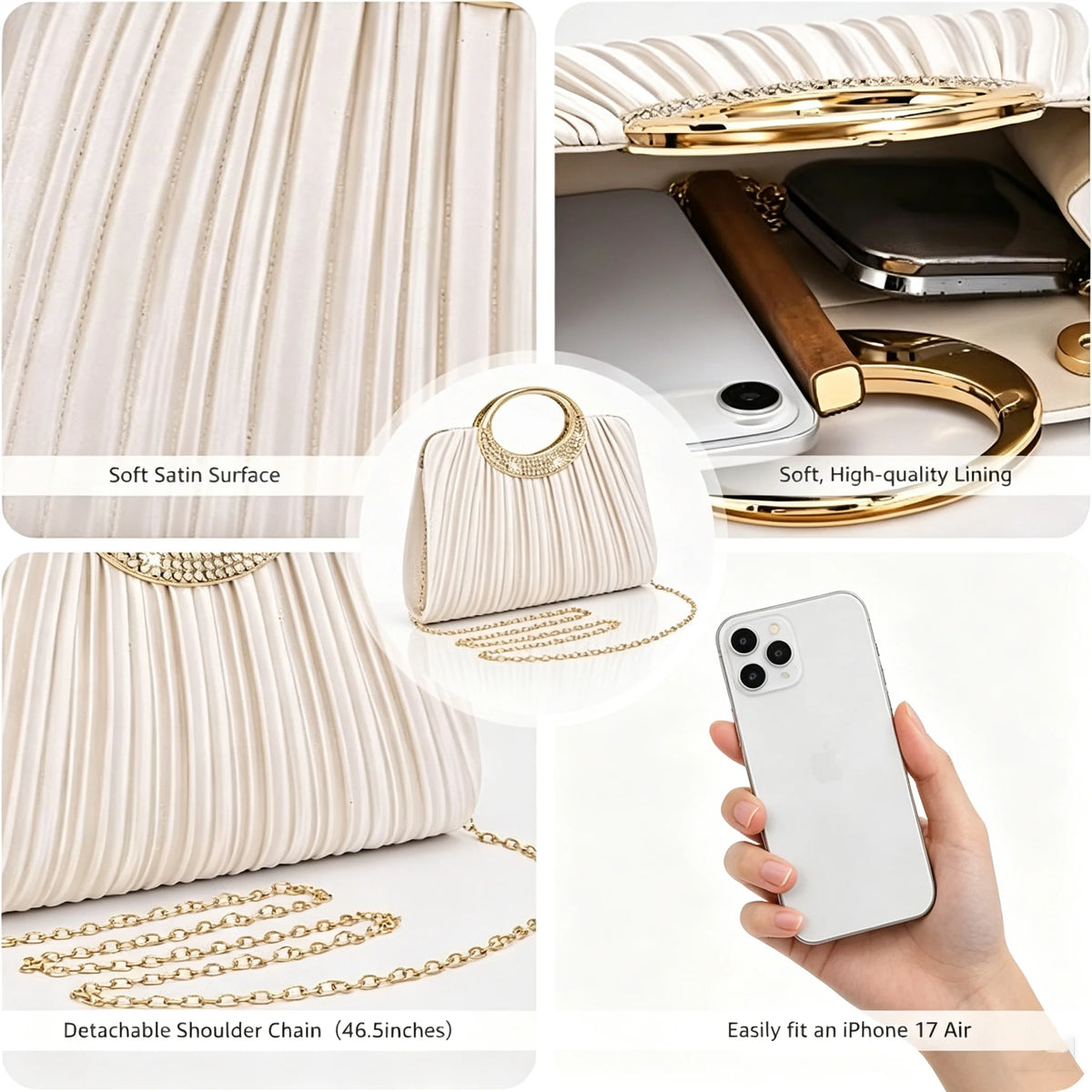 Pleated Rhinestone Metal Ring Handle Clutch With Crossbody Chain