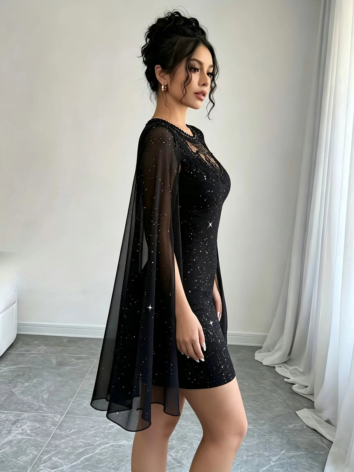 Women's Black Glitter Lace Cape Sleeve Party Dress