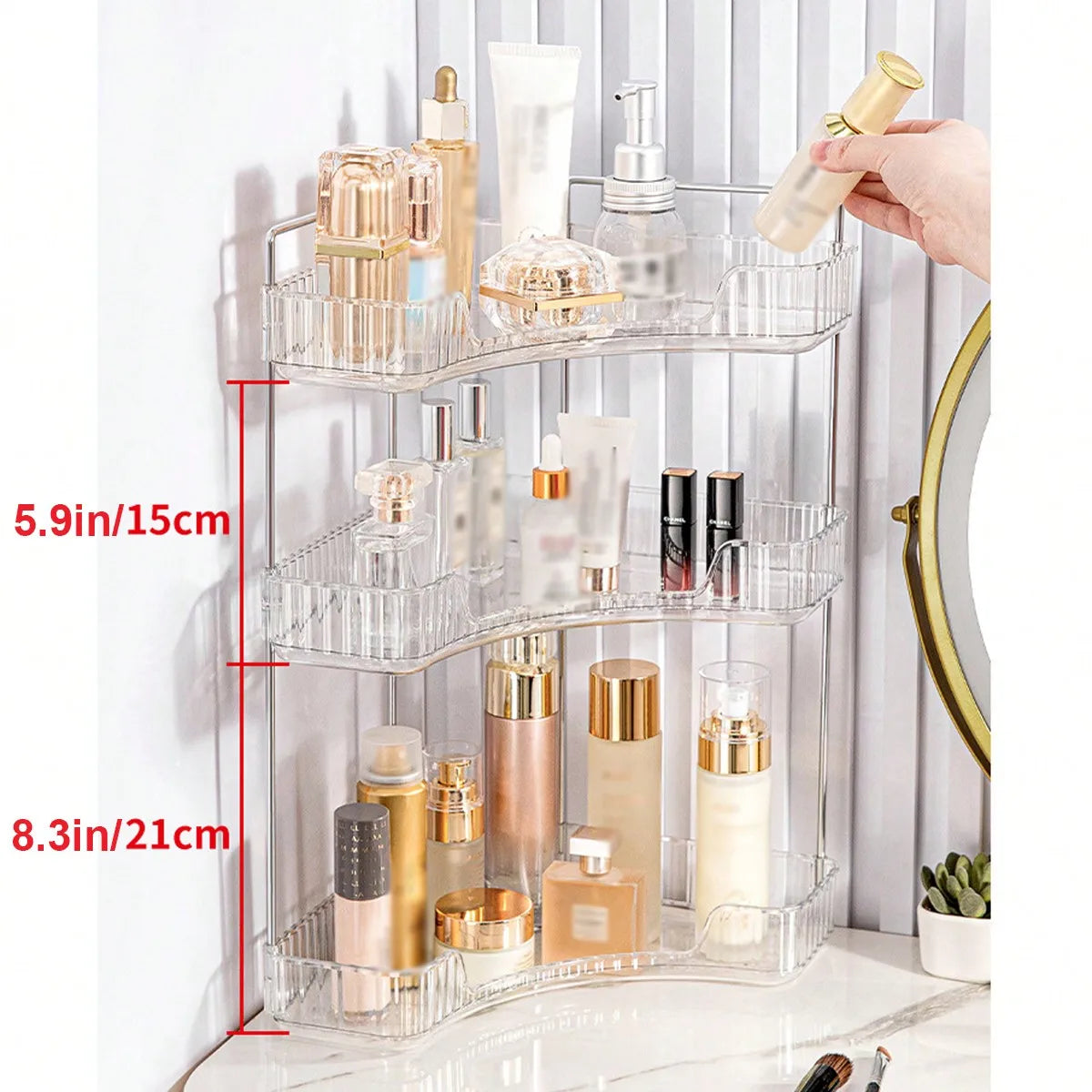 2/3 Tier Corner Makeup Organizer, Square Bathroom Countertop Storage Shelf, PET Large Capacity Cosmetics Box for Skincare Perfume Lipstick, Space Saver