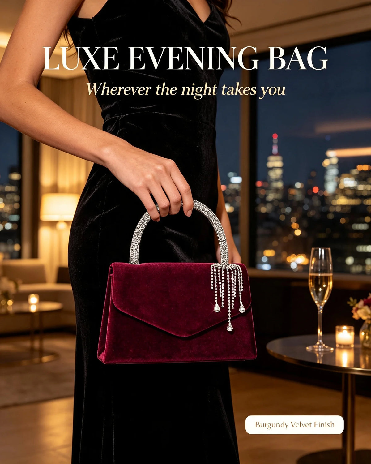 Women's Velvet Envelope Clutch With Rhinestone Tassel Pendant Bag