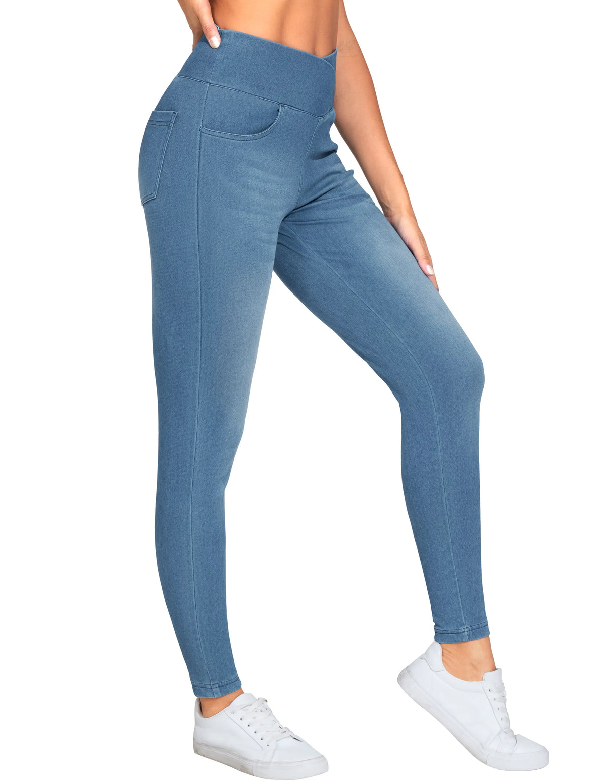 THE GYM PEOPLE Women's  High Waisted Skinny Denim Jegging Pants with Pockets V Cross Stretchy  Jean Leggings
