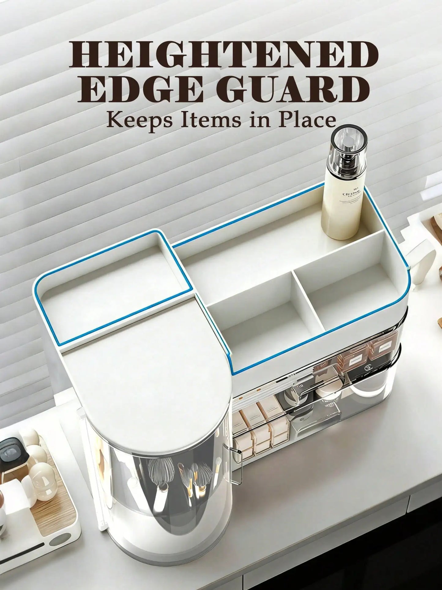 2-Tier Rotating Makeup Organizer with Brush Holder, Large Capacity Skincare Storage Box for Bathroom Countertop Vanity Dresser, White