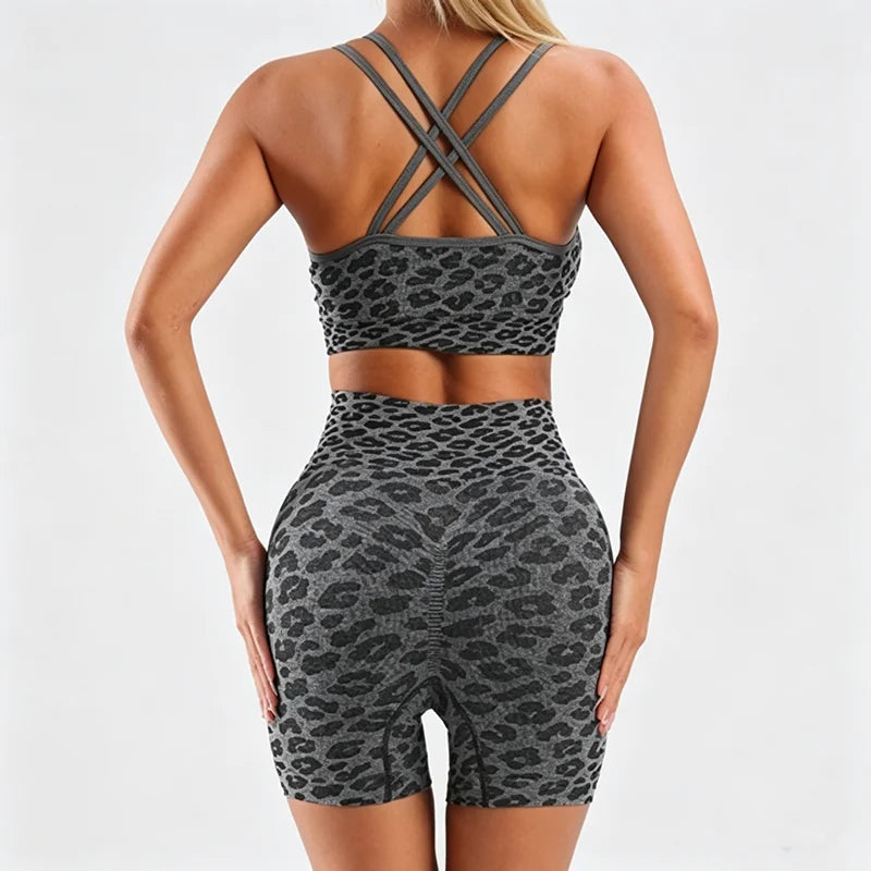 Leopard Print Two Piece Workout Set For Women Crop Tank