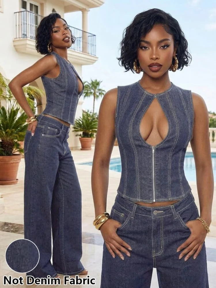 Women Sleeveless Keyhole Neck Crop Top + High Waist Wide Leg Pants Outfit Set For Street Hangout Daily Social Occasion Dressing