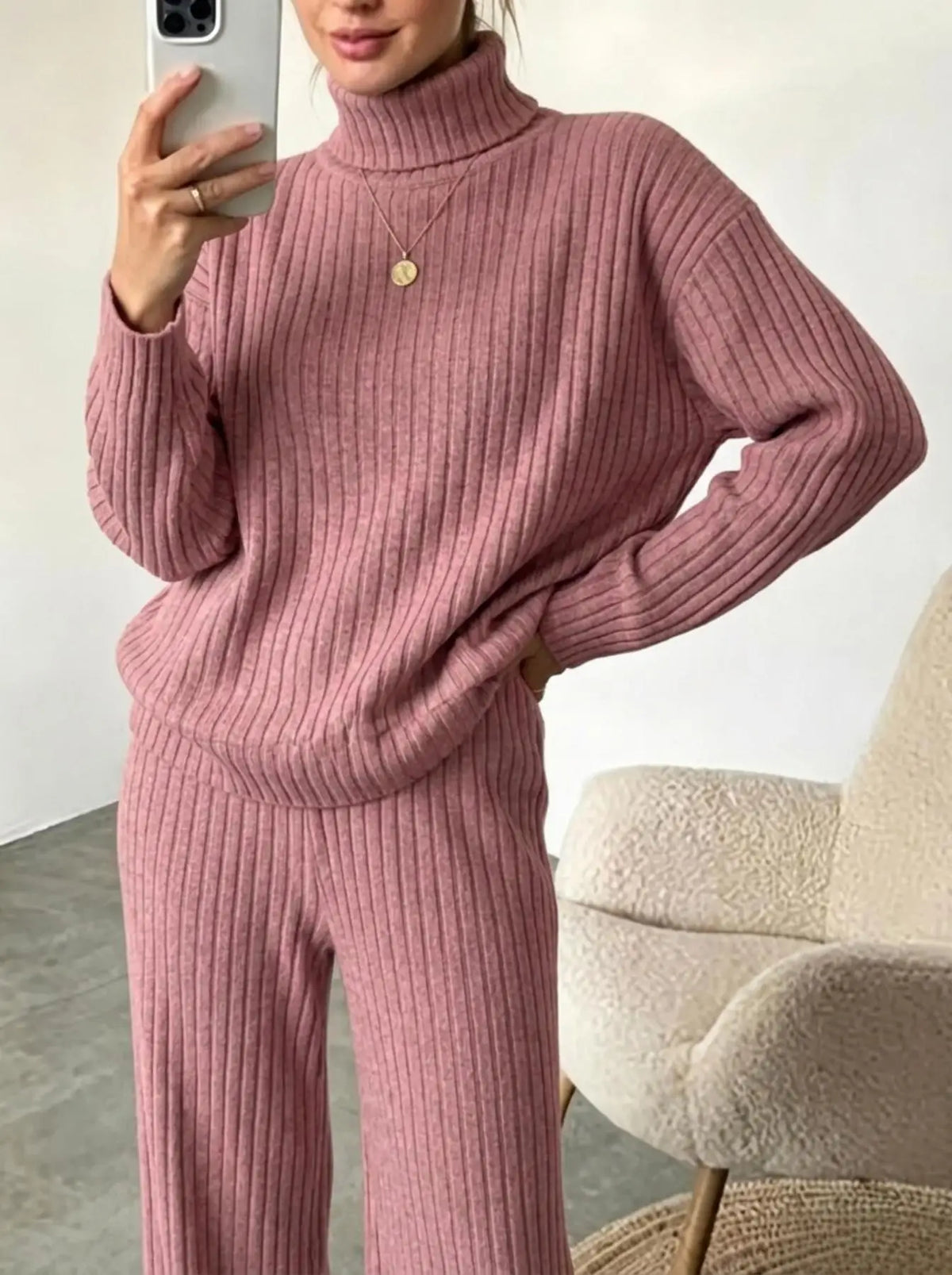Womens Ribbed Turtleneck Sweater and Wide Leg Pants Set