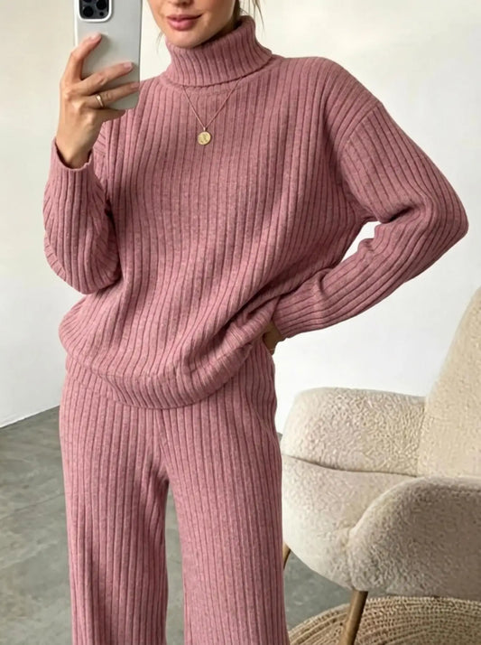 Womens Ribbed Turtleneck Sweater and Wide Leg Pants Set
