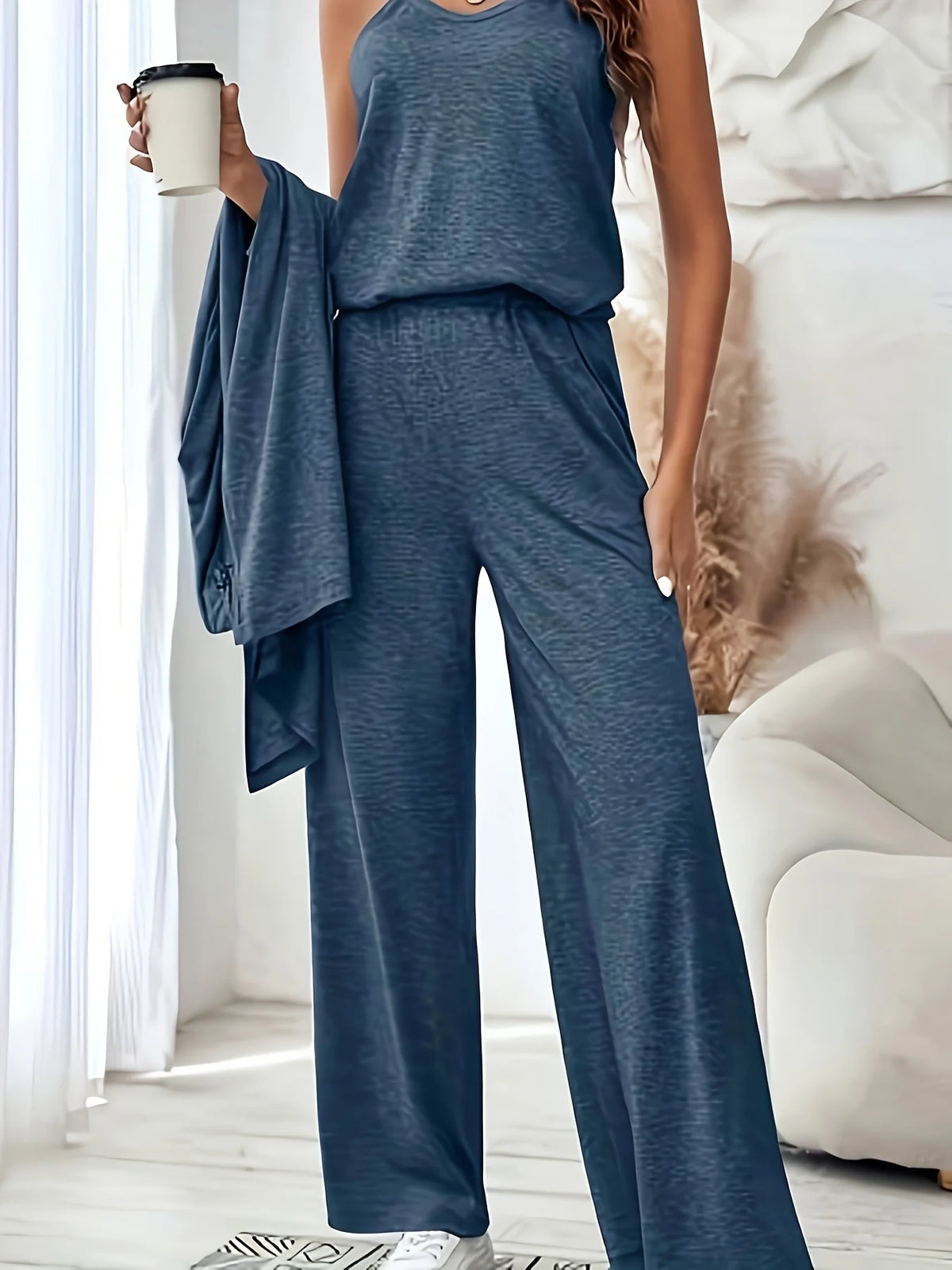 Womens Three Piece Lounge Set With Cardigan Tank And Pants