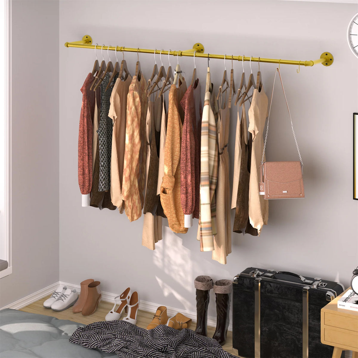 180cm Bedroom Garment Home Rail Multipurpose Wall Mounted Industrial Pipe Clothes Rack Space Saving Hanging Shelf with 3 Hooks
