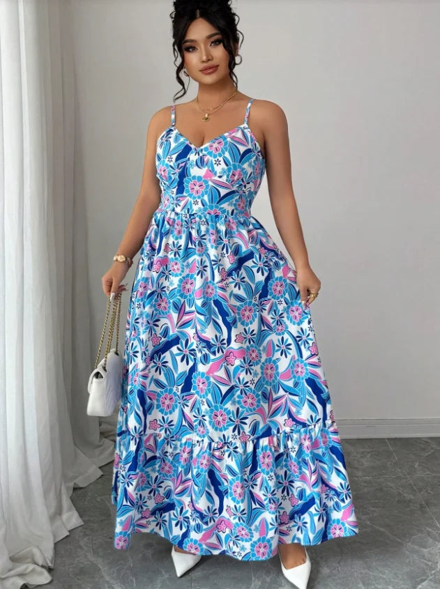 Plus Size Blue White Floral Camisole Dress By None
