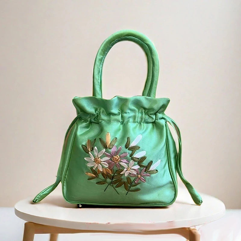 National Style Embroidered Flower Bucket Bag With Drawstring