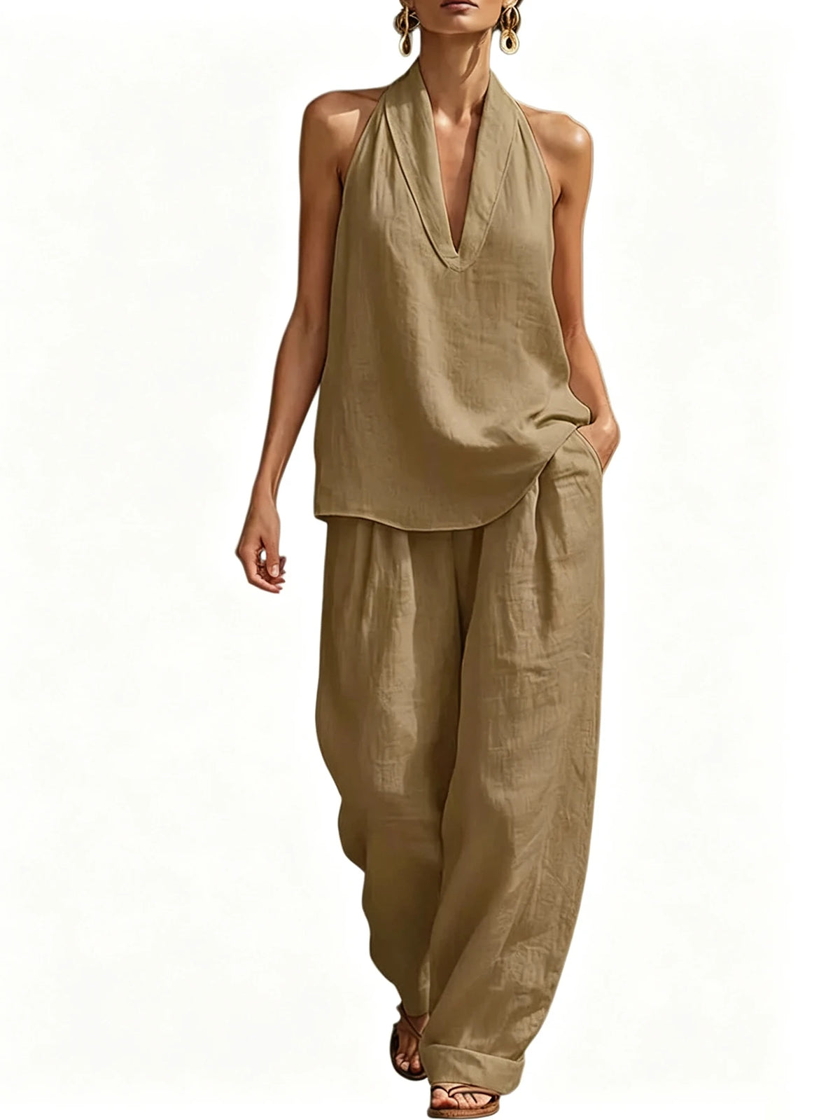 Women's Halter Top And Wide Leg Pants Matching Set