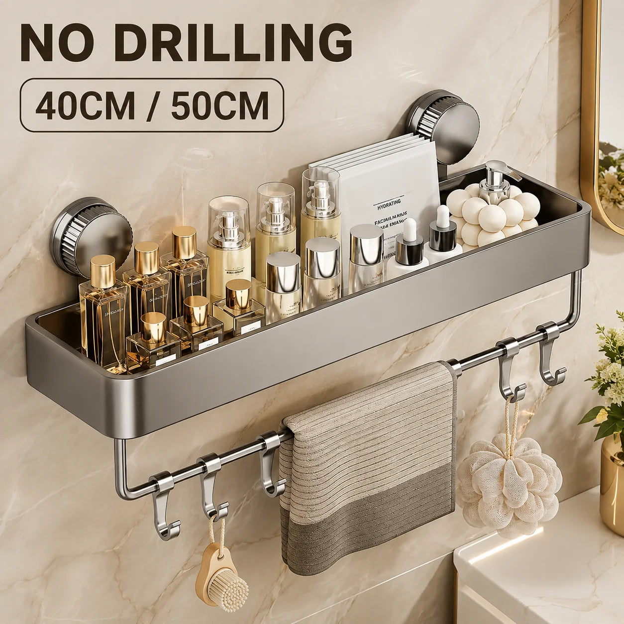 Heavy-Duty Suction Cup Shower Shelf – Wall-Mounted Floating Shelf with Quick-Adhesive Mount; Space-Saving Organizer for Shampoo and Soap; Suitable for Bathtubs, Shower Stalls, and Rentals.