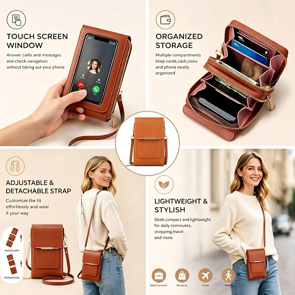 Faux Leather Crossbody Shoulder Purse With Touch Screen Phone Pocket