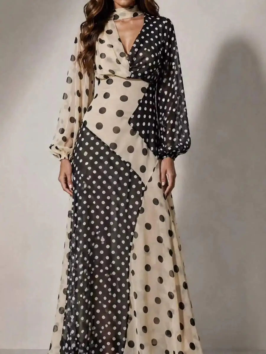 XTOCEAN Black & Beige Colorblock Polka Dot Maxi Dress - Choker Neck Cutout V-Neck Puff Sleeve Sheer Flowy Boho Elegant Evening Party Long Dress For Women