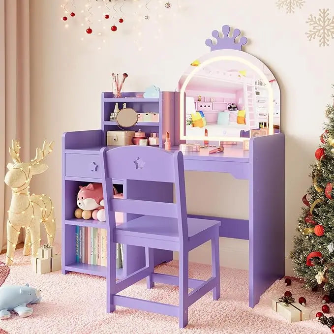 Kids Vanity with Lights, 2 in 1 Princess Makeup Vanity Desk & Chair Set, Toddler Vanity Table with Open Bookshelf for Girls
