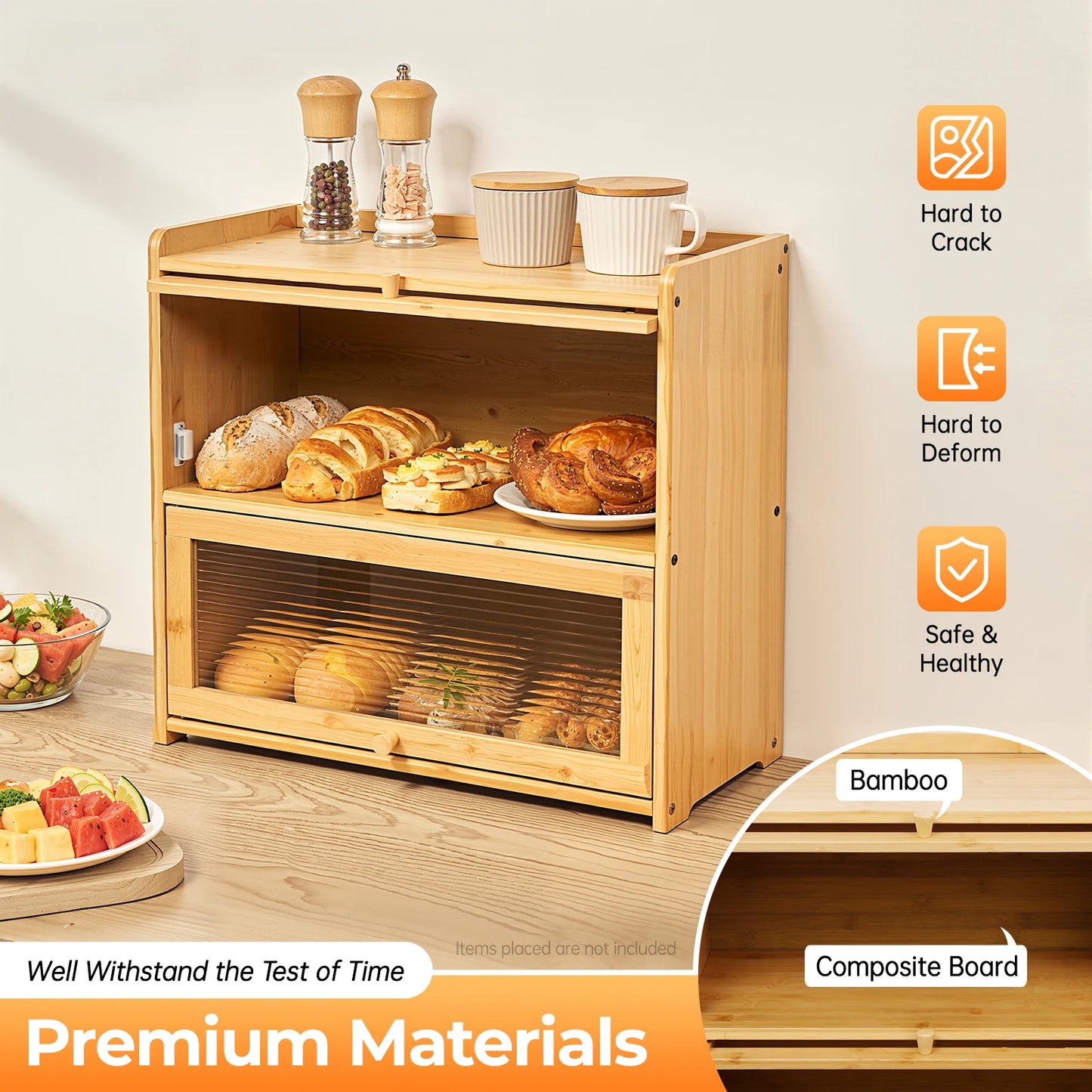 Storage Cabinet Bamboo 2 Tier Countertop Organizer with Glass Doors for Kitchen Bathroom Bedroom Storage Box